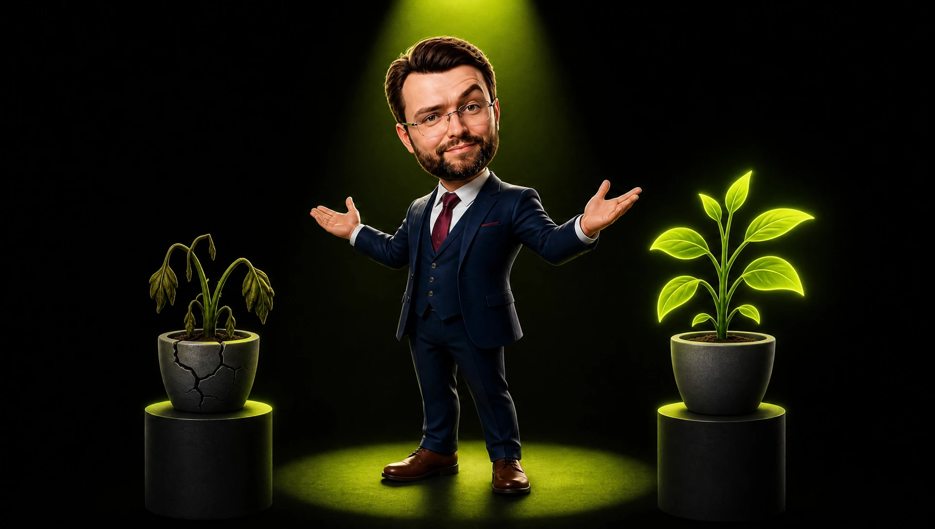 The same lime spotlight on two plants: one wilted in a cracked pot, one thriving. AI amplifies the strategy you already have