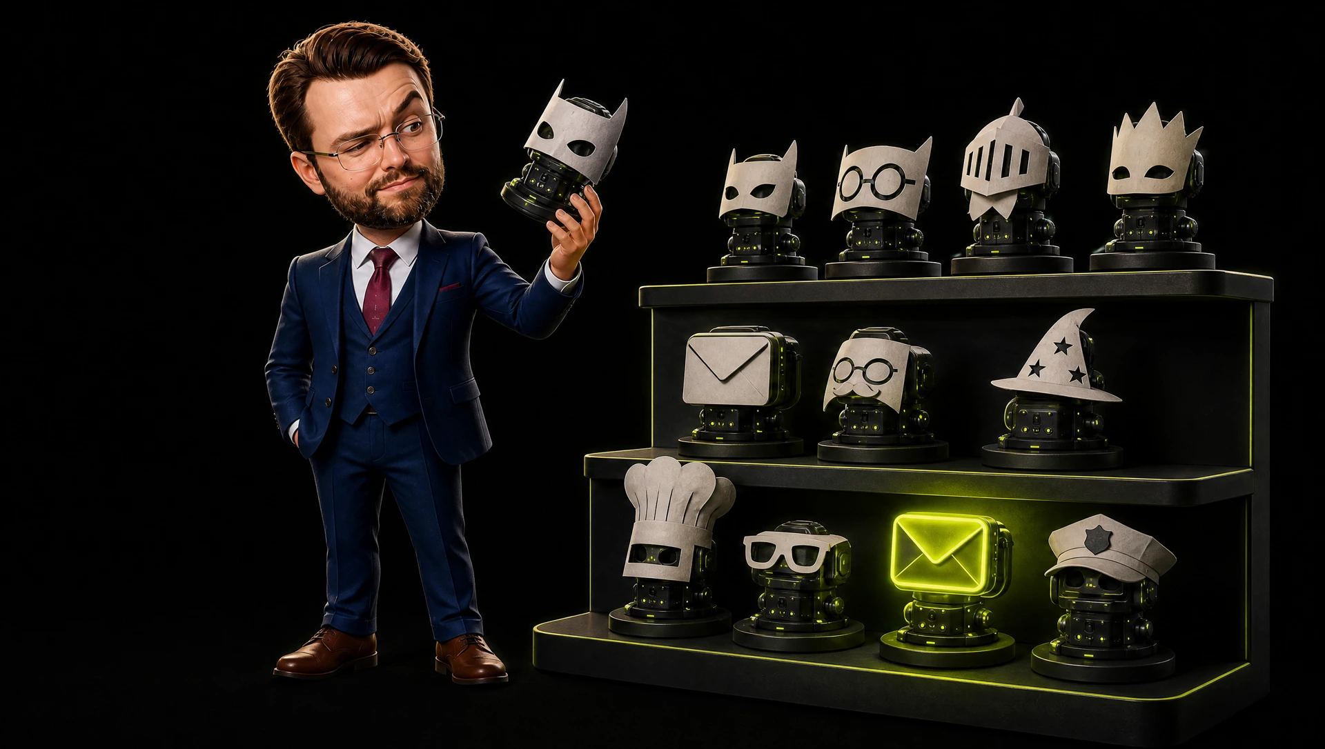 A shelf of robot gadgets in cheap costumes pretending to be AI tools, while one honest tool glows lime