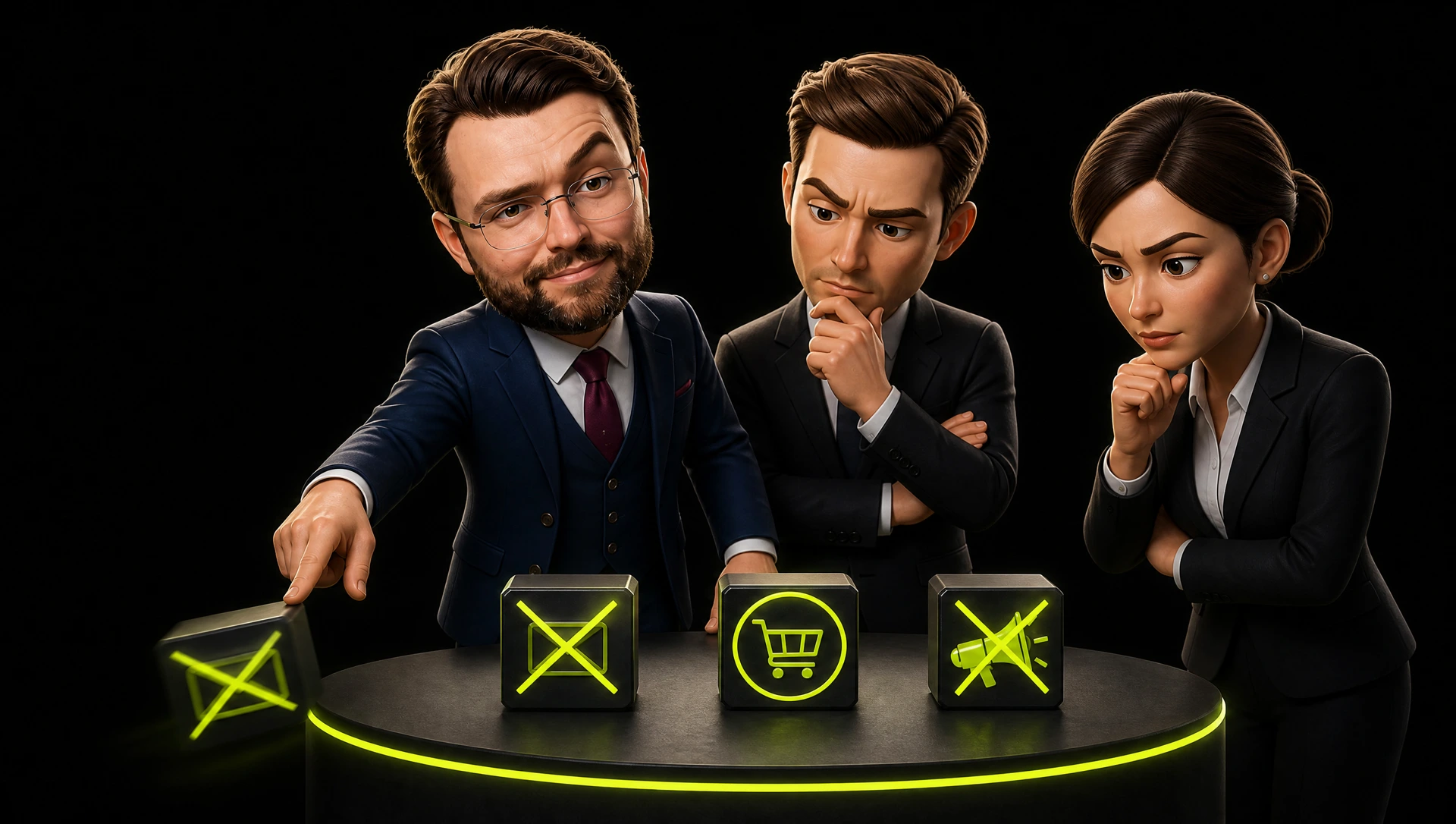 A small war room: three marketers review tool cubes on a table, two struck through with a lime cross, one circled, one being pushed off the table