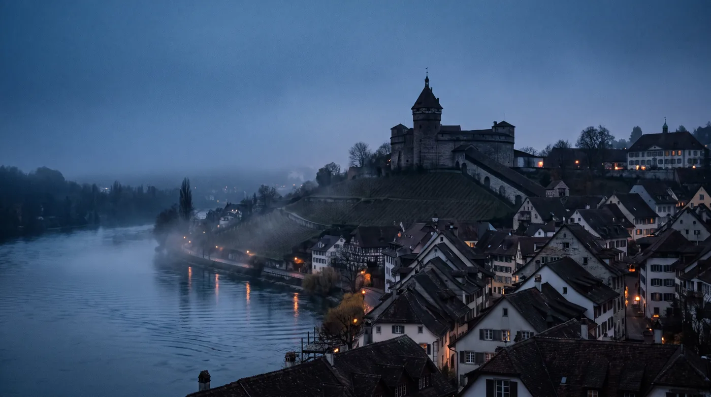 Schaffhausen at blue hour, the Munot fortress above the old town by the Rhine, home region of the consultancy