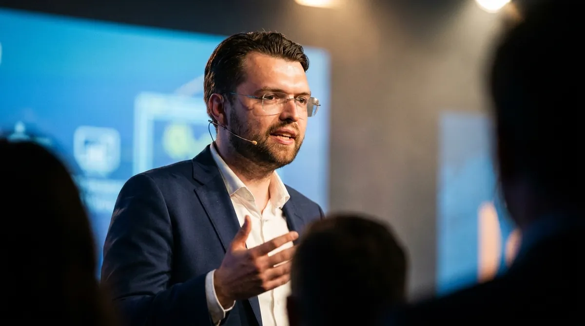 Oleksandr Moccogni speaking on stage